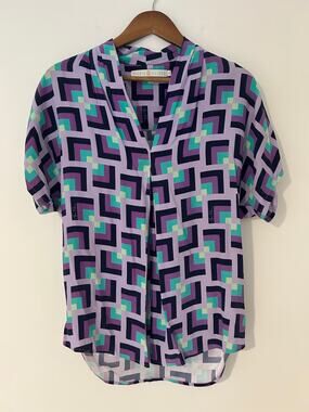 Marie Oliver Geometric Purple Teal Aqua Collared Blouse Flowy XS GUC Career Top